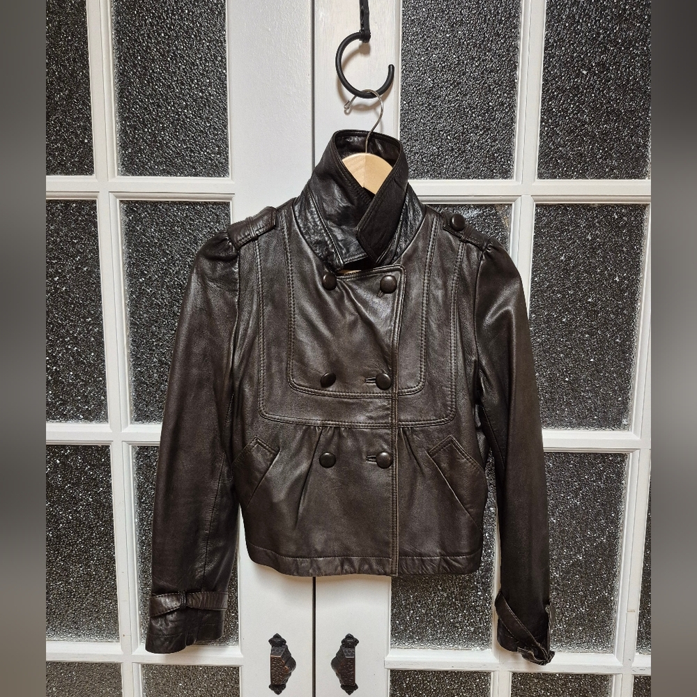 Leather bomber jacket deep rich Chocolate brown double breasted detail